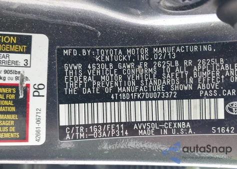 2013 Toyota Camry Hybrid Le z USA, uszkodzony, nr VIN 4T1BD1FK7DU073372